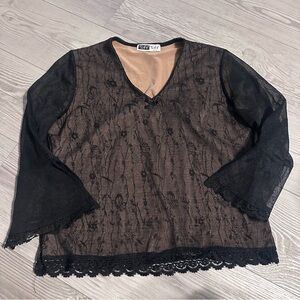 Vintage 90s Tiff Tiff black floral lace trim sheer 3/4 bell sleeve blouse, Sz L